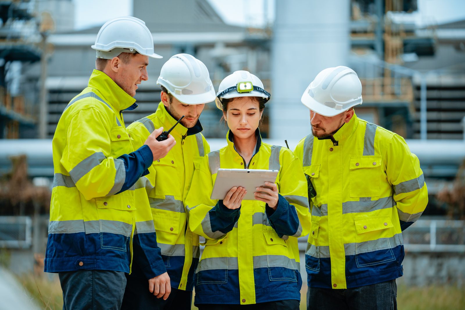 Construction team planning jobs together using a tablet